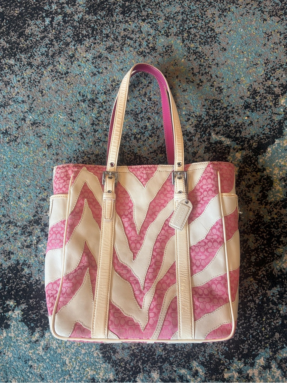 Coach Pink and Cream Signature Stripe Tote